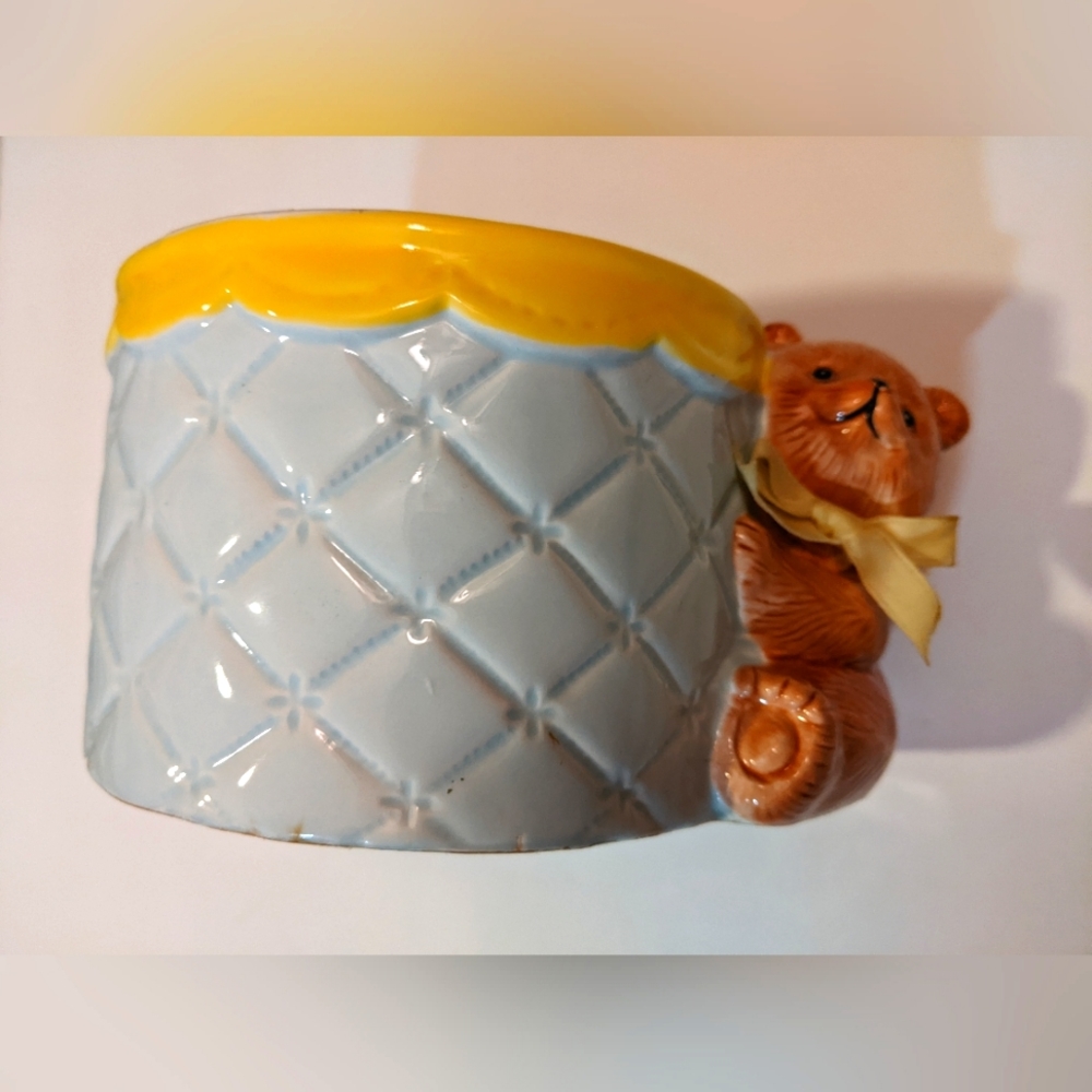 Vintage Teddy Bear Planter Ceramic Flower Pot Blue Yellow